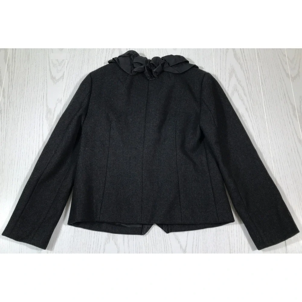 J Crew Wool Pea Coat Womens 4 Dark Gray Open Front Ruffle Silk Trim Preppy Y2K - Picture 2 of 9